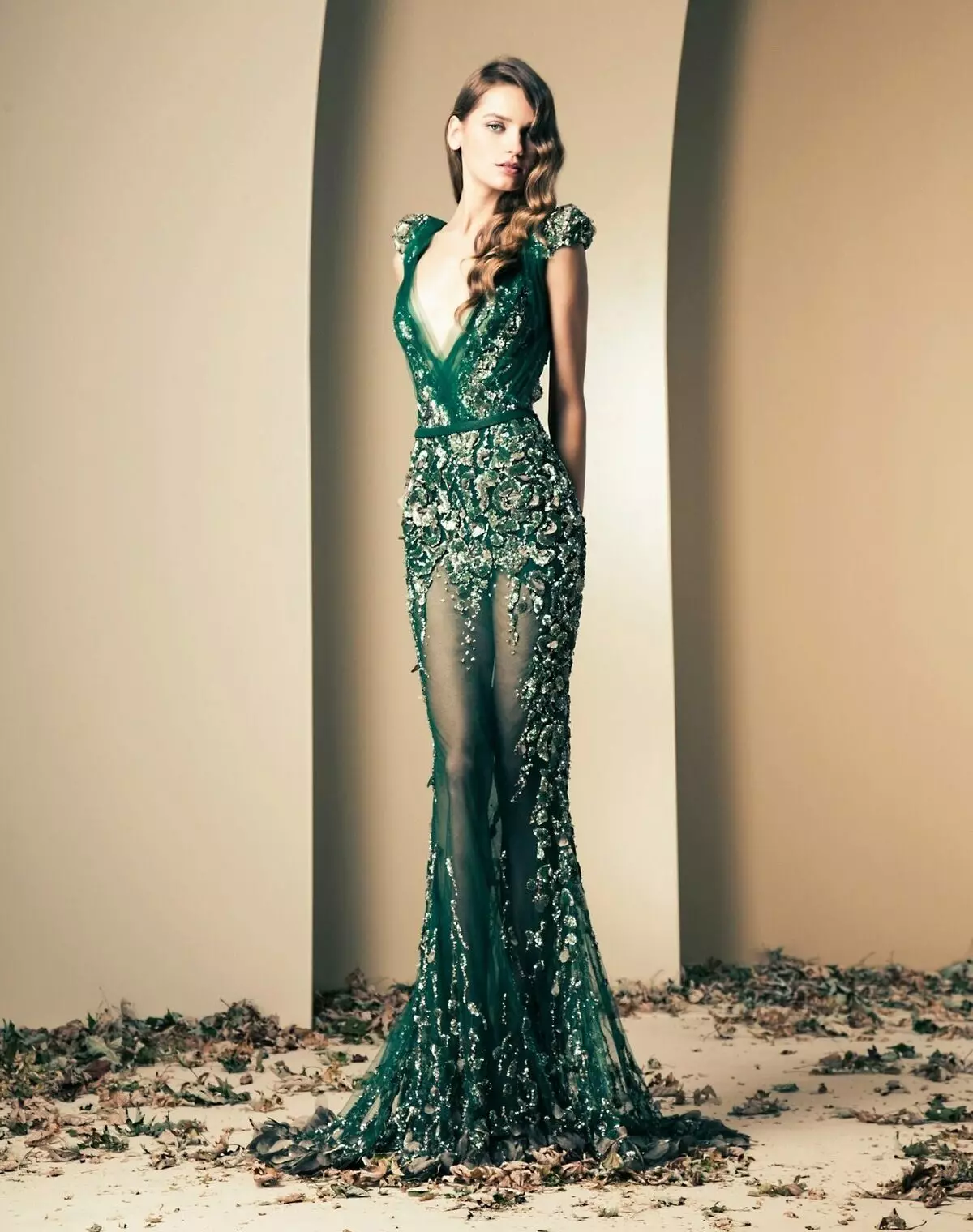 Evening green dress lace in the style of Nude