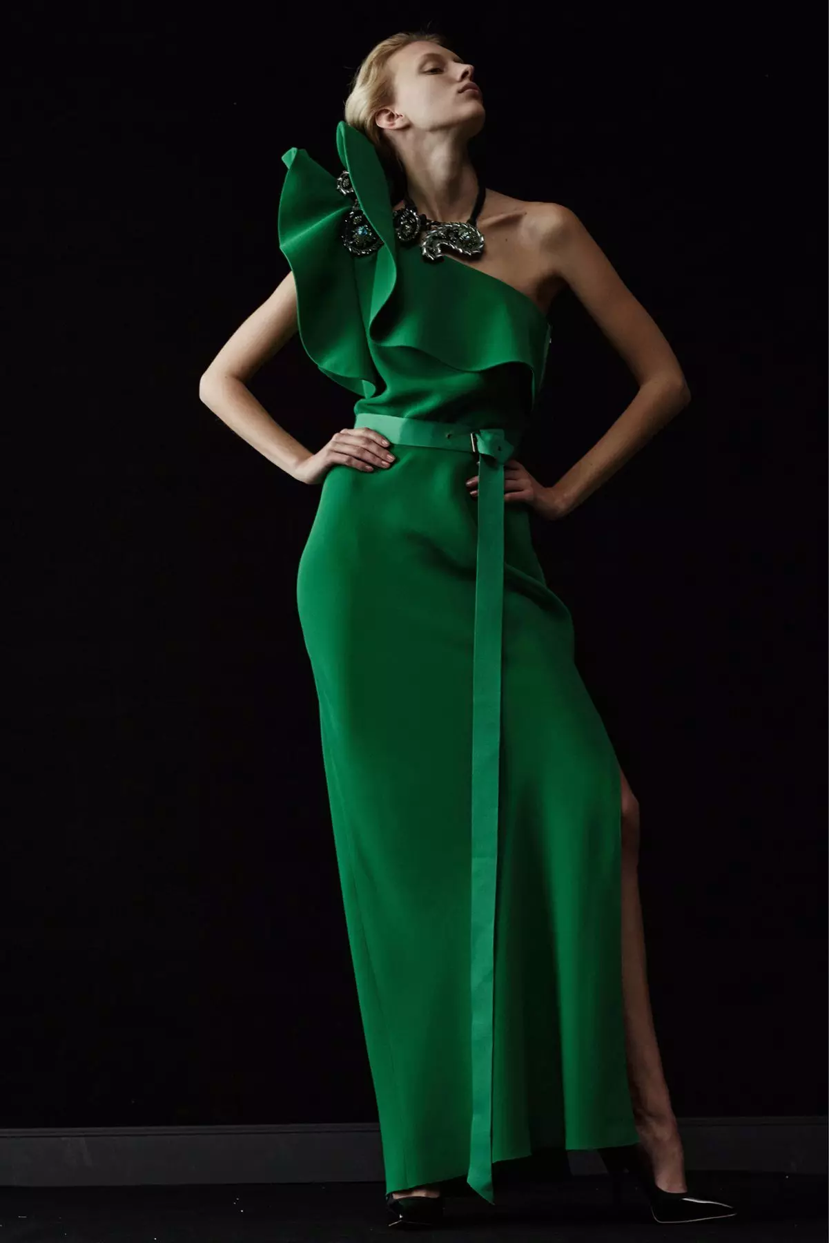 Evening green dress with swans