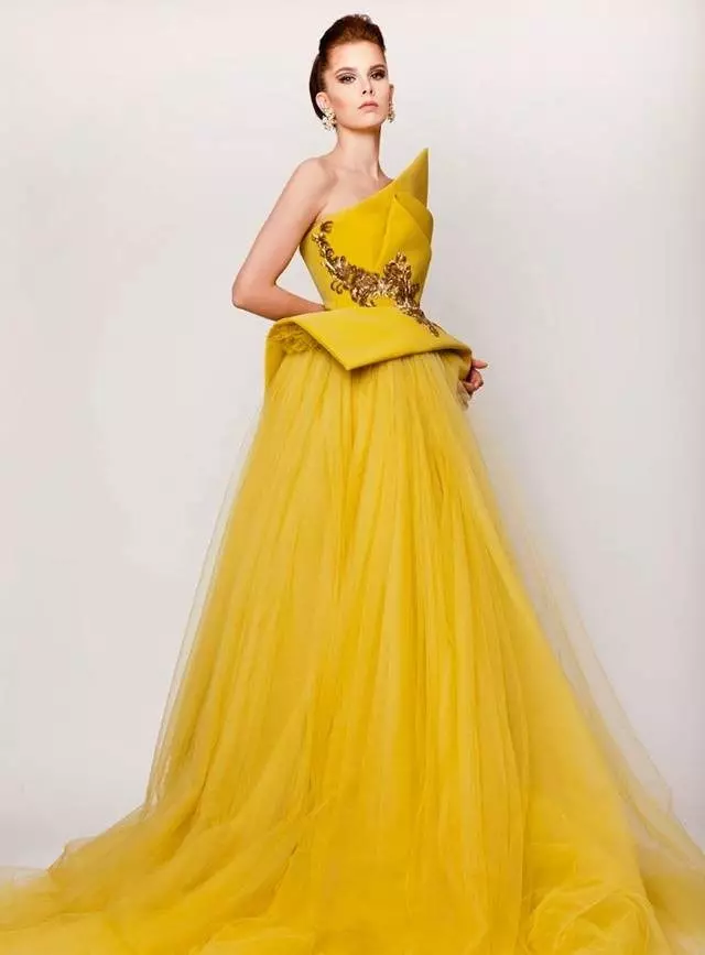 Exuberante vestido de noite vestido de gasa amarelo