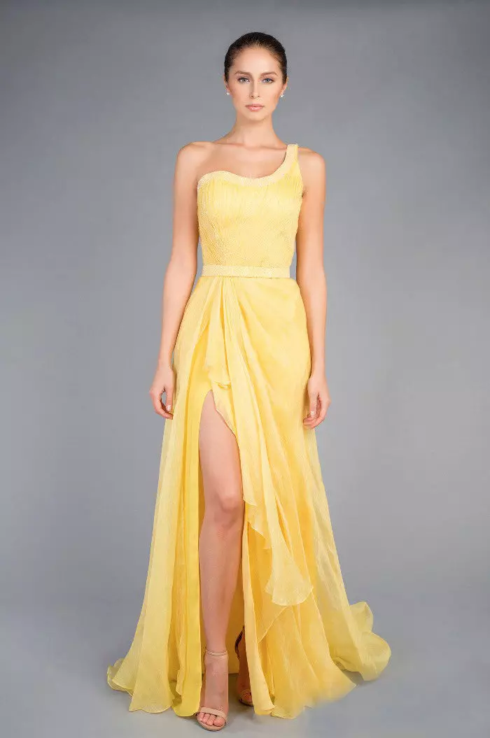 שמלת ערב צהובה על כתף אחת