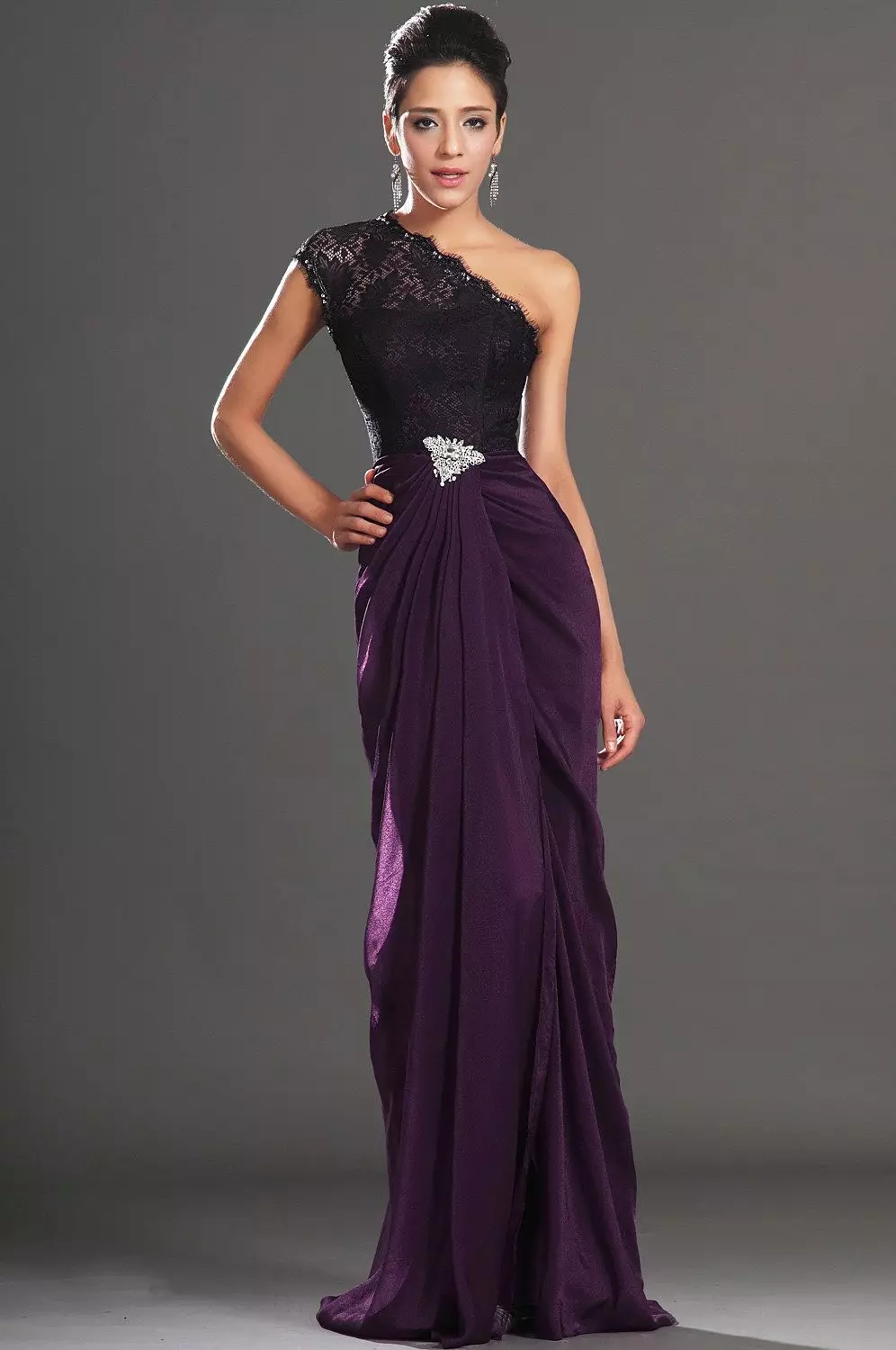 Violet evening dress on one shoulder