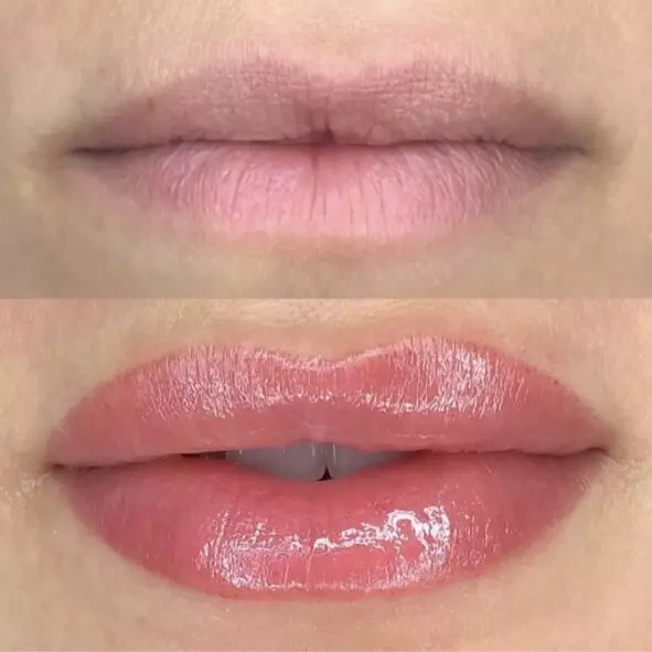 Akvarell Lips Tattoo: Beskrivelse av permanent sminke i akvarelleteknikk, naturlig sminke. Helbredelse etter permanent. Hvor mye holder tatoveringen? 4140_2