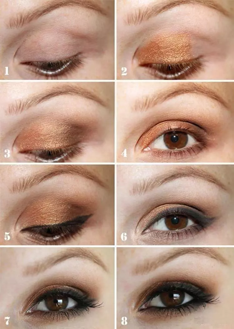Maquillaxe para os ollos marróns con idade colgada (37 fotos): maquillaxe paso a paso para o cabelo escuro e lixeiro, maquillaxe casual e tarde na casa 4184_8