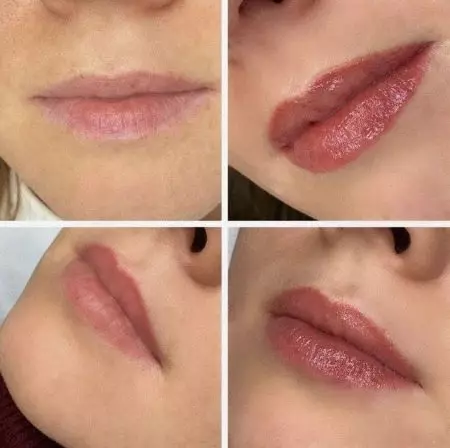 Pouder lip Een (25 foto's): Wat doen kyk lippe na 'n poeier bespuiting? Watter effek gee so 'n permanente make-up en hoe verskil dit van die gewone? 4188_13