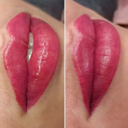 Pouder lip Een (25 foto's): Wat doen kyk lippe na 'n poeier bespuiting? Watter effek gee so 'n permanente make-up en hoe verskil dit van die gewone? 4188_25