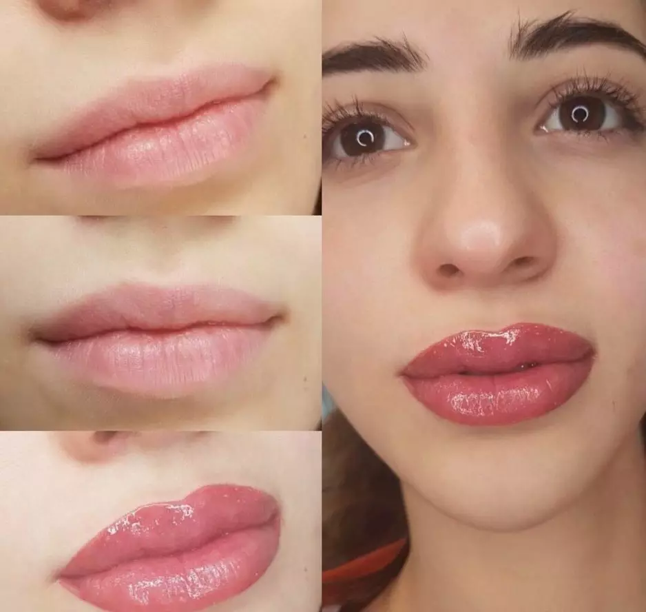 Pouder lip Een (25 foto's): Wat doen kyk lippe na 'n poeier bespuiting? Watter effek gee so 'n permanente make-up en hoe verskil dit van die gewone? 4188_6