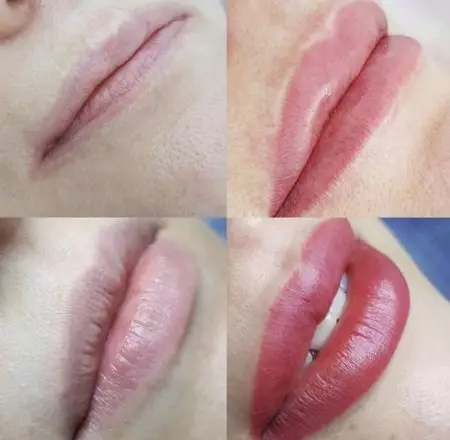 Pouder lip Een (25 foto's): Wat doen kyk lippe na 'n poeier bespuiting? Watter effek gee so 'n permanente make-up en hoe verskil dit van die gewone? 4188_8