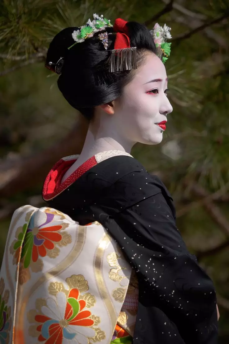 Ŝminko laŭ la stilo de japana geisha (54 fotoj): Kiel fari simplan meycap hejme? Kio bezonos ĉi tion? Belaj ekzemploj 4202_10