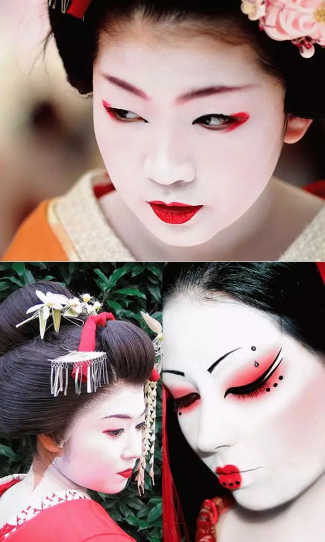 Make-up v štýle japonskej Geisha (54 fotografií): Ako urobiť jednoduchú Meycap doma? Čo na to bude potrebné? Krásne príklady 4202_45