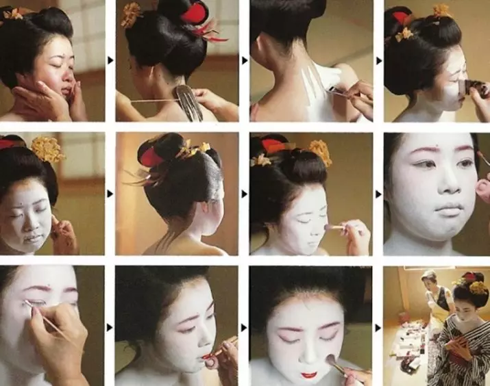 Ŝminko laŭ la stilo de japana geisha (54 fotoj): Kiel fari simplan meycap hejme? Kio bezonos ĉi tion? Belaj ekzemploj 4202_49