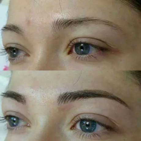 powdered eyebrows (59 ຮູບ): ສິ່ງທີ່ກໍາລັງສີດພົ່ນແລະ nanoscient, tattoo ສີຄີມກ່ອນແລະຫຼັງ, ການທົບທວນຄືນ 4285_25