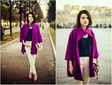 Purple палто (31 снимки): стилен женски палто на тъмно лилав цвят, каква чанта и други аксесоари към нея са подходящи 494_9