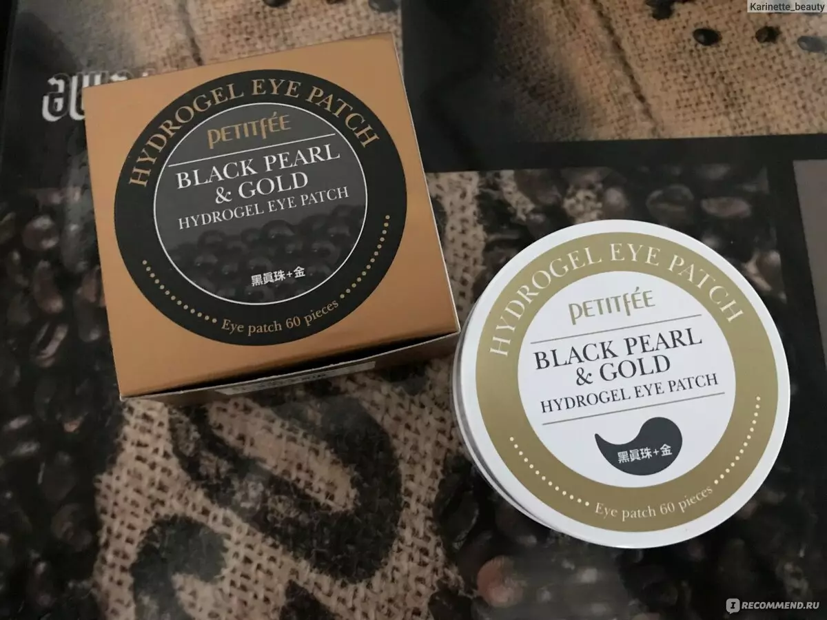 Petitfee patches: agave cooling hydrogel, gold & snail and black pearl & gold. Patches na may gold hydrogel, chamomile at black pearls, mga review 4977_14