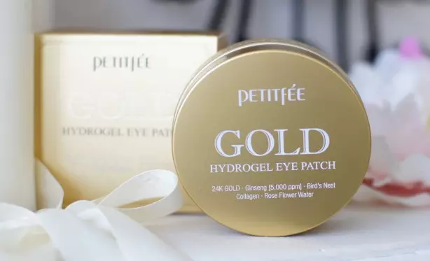 Petitfee patches: agave cooling hydrogel, gold & snail and black pearl & gold. Patches na may gold hydrogel, chamomile at black pearls, mga review 4977_15