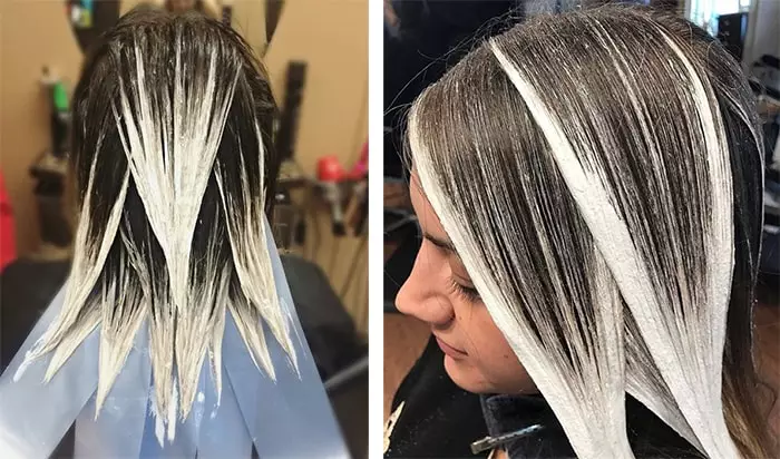 Schmelzen auf schwarzen Haaren (52 Fotos): Wie man eine weiße Farbe macht, um lange und kurze schwarze Haare zu malen? Wie kümmern sich die lackierten Locken auf den Vorgang? 5355_10