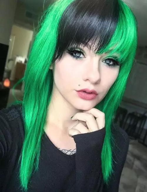 绿色头发油漆：选择与绿色颜料的持久性涂料。如何用黑暗和浅色头发带来绿色涂料？ 5469_7