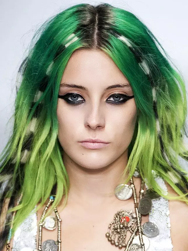 绿色头发油漆：选择与绿色颜料的持久性涂料。如何用黑暗和浅色头发带来绿色涂料？ 5469_9