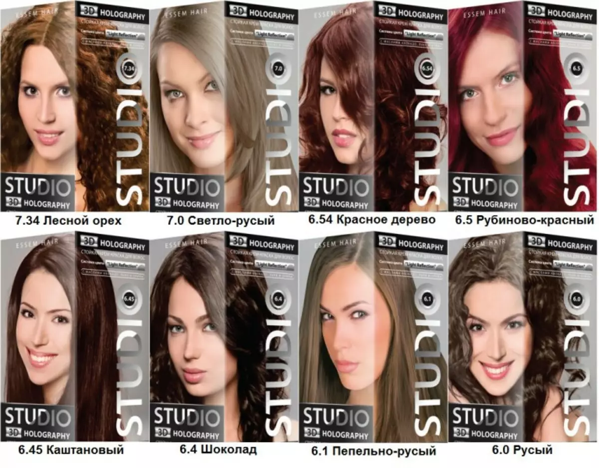 Студио коса боја (29 фотографии): палета бои на бои Есем коса и професионални, инструкции за примена на професионални бои, осврти 5477_8