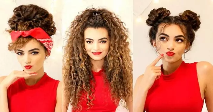 Hairstyles bi curls (85 photos): How to put hair an bi porê xwe ji bo sala nû? Nimûne ji bo danîna ronahiya bo her rojê bi 5542_2