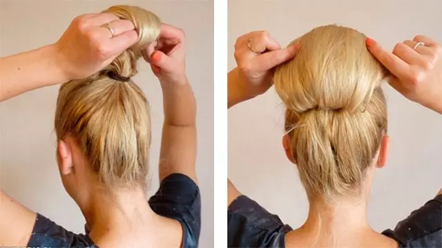Hairstyles σε μεσαία μαλλιά στο σπίτι (56 φωτογραφίες): Πώς να κάνετε μια όμορφη απλή στοίβαξη με τα χέρια σας; Βήμα-βήμα οδηγίες για τη δημιουργία υψηλών χτενισμάτων 5546_14