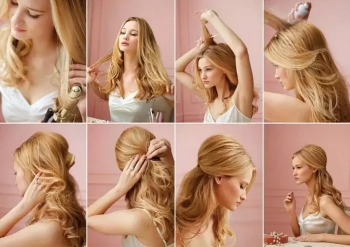 Hairstyles keskipitkällä hiuksilla kotona (56 kuvaa): Kuinka tehdä kaunis yksinkertainen pinoaminen omalla kädet? Step-by-step-ohjeet korkeiden kampausten luomiseksi 5546_20