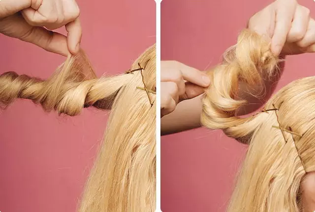 Hairstyles σε μεσαία μαλλιά στο σπίτι (56 φωτογραφίες): Πώς να κάνετε μια όμορφη απλή στοίβαξη με τα χέρια σας; Βήμα-βήμα οδηγίες για τη δημιουργία υψηλών χτενισμάτων 5546_32