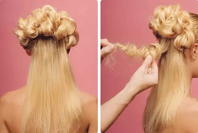 Hairstyles σε μεσαία μαλλιά στο σπίτι (56 φωτογραφίες): Πώς να κάνετε μια όμορφη απλή στοίβαξη με τα χέρια σας; Βήμα-βήμα οδηγίες για τη δημιουργία υψηλών χτενισμάτων 5546_34