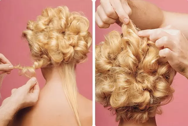 Hairstyles σε μεσαία μαλλιά στο σπίτι (56 φωτογραφίες): Πώς να κάνετε μια όμορφη απλή στοίβαξη με τα χέρια σας; Βήμα-βήμα οδηγίες για τη δημιουργία υψηλών χτενισμάτων 5546_35