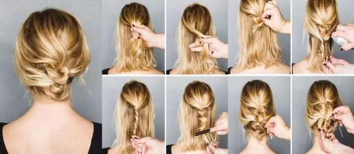 Hairstyles keskipitkällä hiuksilla kotona (56 kuvaa): Kuinka tehdä kaunis yksinkertainen pinoaminen omalla kädet? Step-by-step-ohjeet korkeiden kampausten luomiseksi 5546_39