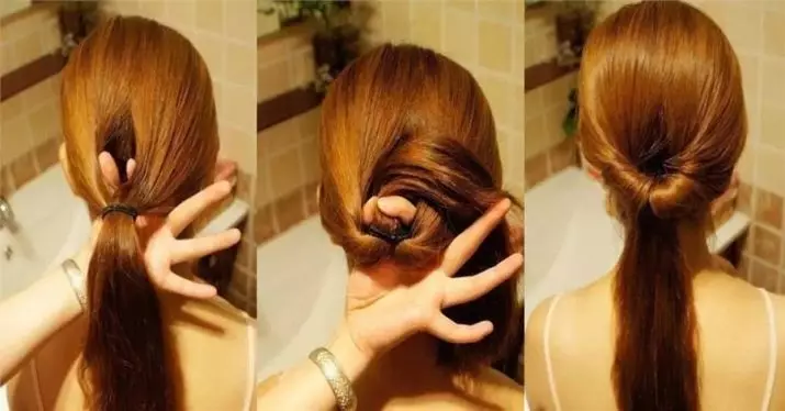 Hairstyles σε μεσαία μαλλιά στο σπίτι (56 φωτογραφίες): Πώς να κάνετε μια όμορφη απλή στοίβαξη με τα χέρια σας; Βήμα-βήμα οδηγίες για τη δημιουργία υψηλών χτενισμάτων 5546_42