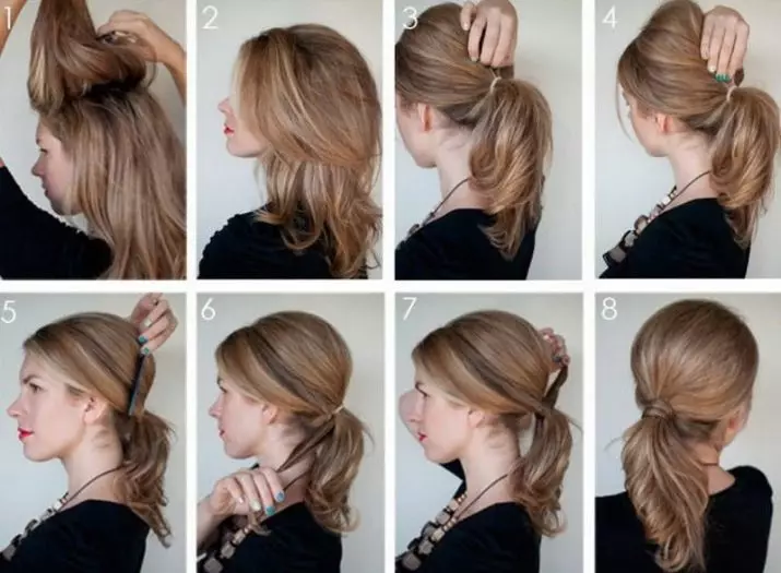 Frisurer på medium hår hjemme (56 billeder): Sådan laver du en smuk simpel stabling med dine egne hænder? Trin-for-trin instruktioner til oprettelse af høje frisurer 5546_44