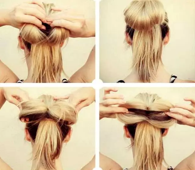 Peiteados sobre cabelos medianos na casa (56 fotos): Como facer un fermoso apilamento simple coas túas propias mans? Instrucións paso a paso para crear peiteados altos 5546_46