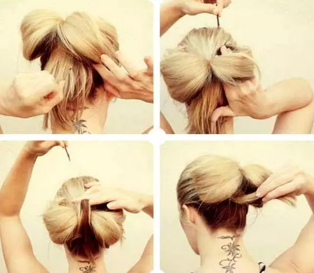 Hairstyles σε μεσαία μαλλιά στο σπίτι (56 φωτογραφίες): Πώς να κάνετε μια όμορφη απλή στοίβαξη με τα χέρια σας; Βήμα-βήμα οδηγίες για τη δημιουργία υψηλών χτενισμάτων 5546_47