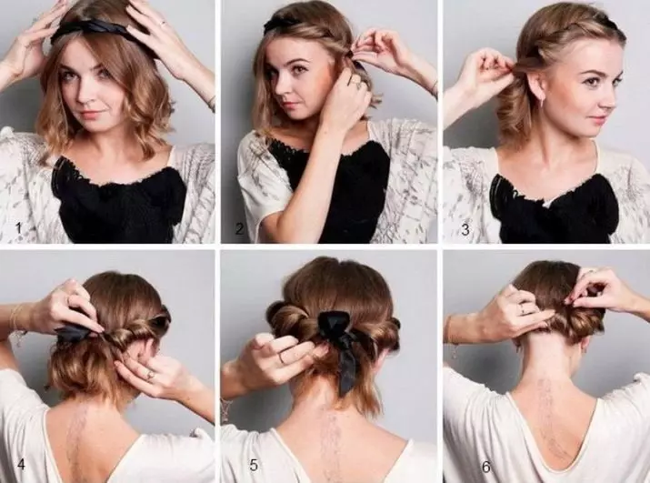 Hairstyles keskipitkällä hiuksilla kotona (56 kuvaa): Kuinka tehdä kaunis yksinkertainen pinoaminen omalla kädet? Step-by-step-ohjeet korkeiden kampausten luomiseksi 5546_48