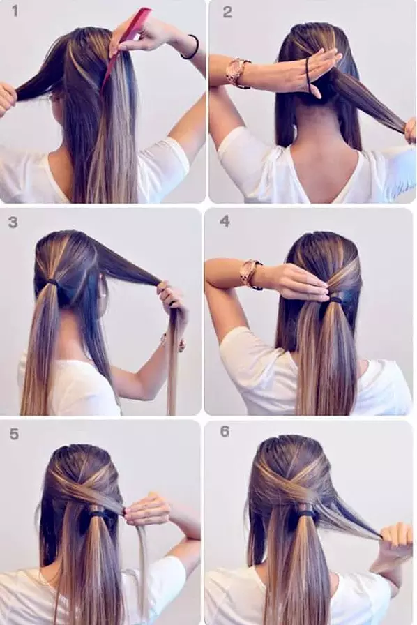 Прически на средна коса у дома (56 снимки): Как да направим красиво просто подреждане със собствените си ръце? Стъпка по стъпка инструкции за създаване на високи прически 5546_50