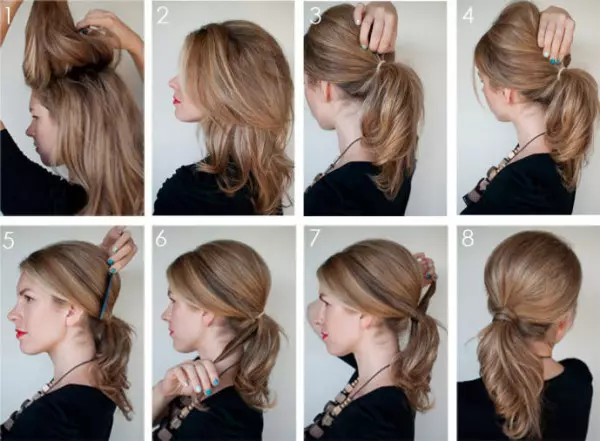 Helppo kampaus keskikokoisille hiuksille (96 valokuvaa): Kuinka nopeasti ja kauniisti keskipitkät kiharat kotonaan? Korkeat kampaukset, joissa on oma kädet askel askeleelta 5649_17