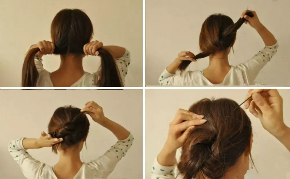 Könnyű frizurák a közepes hajhoz (96 fotók): Milyen gyorsan és gyönyörűen feküdt a közepes hosszúságú fürtök otthon? Magas frizurák a saját kezével lépésről lépésre 5649_52