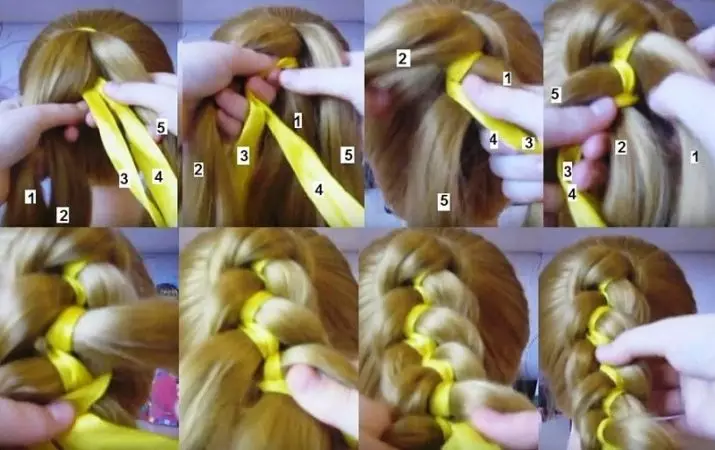 Dokuma örgüleri için örgüler için şemaları (38 fotoğraf): Talimatlara göre beş kalıcı pigtail nasıl örülür? Beş iplikçik bir tırpan ile saç stilleri oluşturmanın basit bir adım adım yöntemi 5760_17