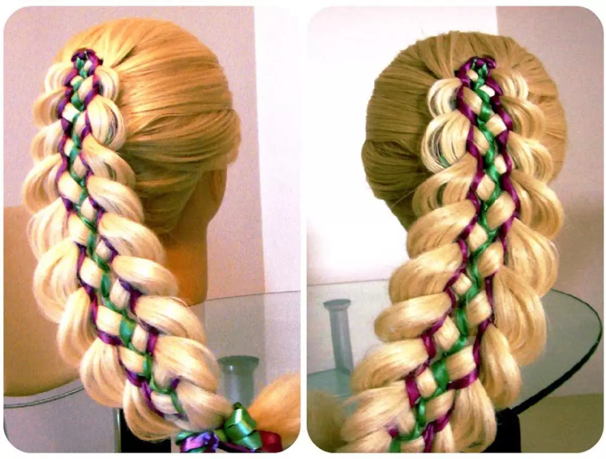 Awọn eto fun awọn braids ti a ti wọ lati 5 awọn fọto (awọn fọto 38): Bawo ni Lati Weave Fund marun ayeraye ayeraye ayeraye ni ibamu si awọn itọnisọna naa? Ọna igbesẹ ti o rọrun ti o rọrun ti ṣiṣẹda awọn irundidalara pẹlu scythe ti awọn okun marun 5760_18