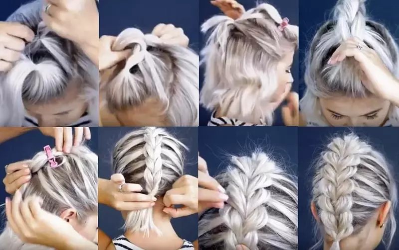 Lëvizja në flokë të shkurtër (82 foto): gërshetim skemat e braids të bukura. Si të bishni dy braids? Si të bëni një hairstyle të thjeshtë? Udhëzimet hap pas hapi për fillestarët 5779_13