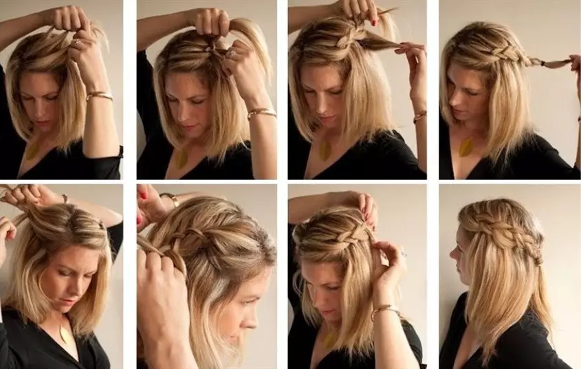 მოძრაობა მოკლე თმა (82 ფოტო): ლამაზი braids- ის ქსოვა. როგორ ლენტები ორი braids? როგორ გააკეთოთ მარტივი თმის ვარცხნილობა? ნაბიჯ ნაბიჯ ინსტრუქციები დამწყებთათვის 5779_24