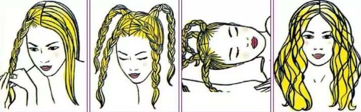 Pigtails（43枚の写真）からのKudri：美しい波を得るために夜のためにあなたの髪を編む方法は？濡れた髪にろう付けを使って波状のカールを作る方法は？ 5809_28