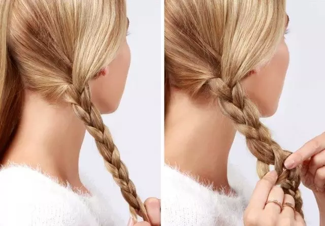 ວິທີການ braid ສອງ pigtails? 61 ຮູບວິທີການທໍລະມານ 2 braids ຈາກຜົມຍາວ? ຖັກແສ່ວຢູ່ດ້ານຂ້າງ. ຊົງຜົມທີ່ສວຍງາມທີ່ມີ braids ແລະຜົມວ່າງ 5817_16