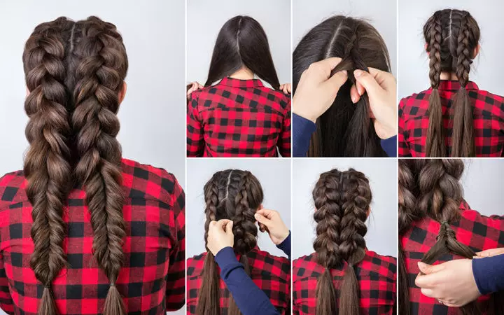 Giunsa ang pag-braid sa duha ka pigtails? 61 Mga Litrato Giunsa Pag-ayo ang 2 Braids gikan sa taas nga buhok? Paghabol sa mga braids sa mga kilid. Matahum nga estilo sa buhok nga adunay mga braids ug malaw-ay nga buhok 5817_20