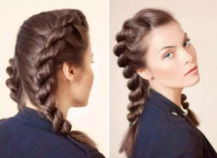 Hvernig á að flétta tvær pigtails? 61 Myndir Hvernig á að vefja 2 fléttur úr langt hár? Weaving fléttur á hliðum. Falleg hairstyles með fléttur og laus hár 5817_33