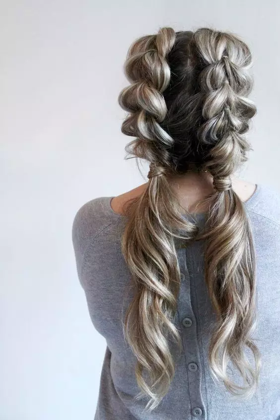 How to braid two pigtails? 61 Photos How to weave 2 braids from long hair? Weaving braids on the sides. Beautiful hairstyles with braids and loose hair 5817_39