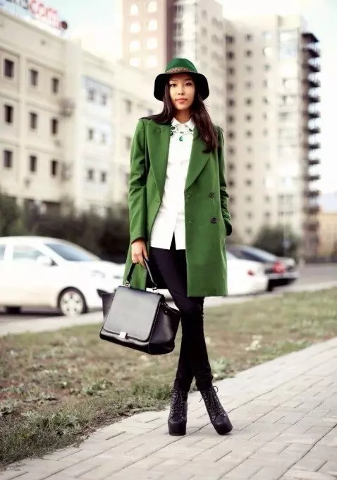 グリーンコート（122写真）を着用するもの：濃い緑、スカーフがフィット、バッグ、アクセサリー、英語の襟付きコート 601_89