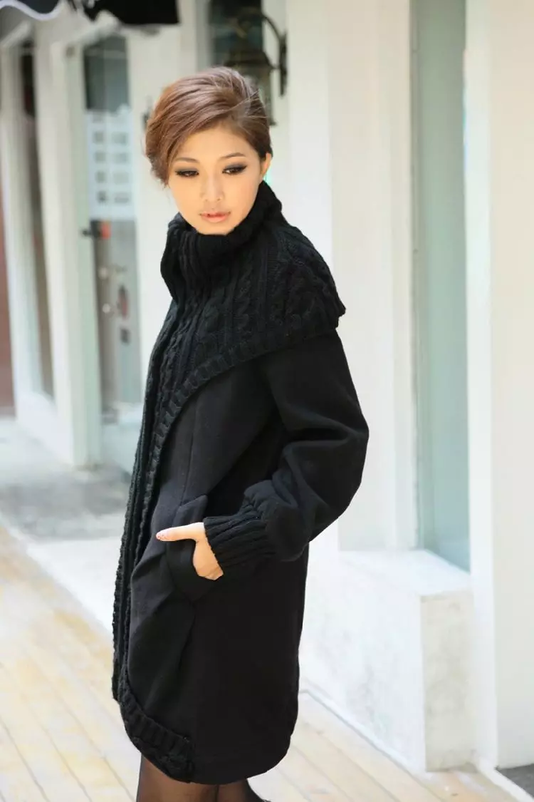 Женско черно палто (172 снимки): дълъг, къс, качулка, черно и бяло, прави, кожени ръкави, годни, кожа 611_60
