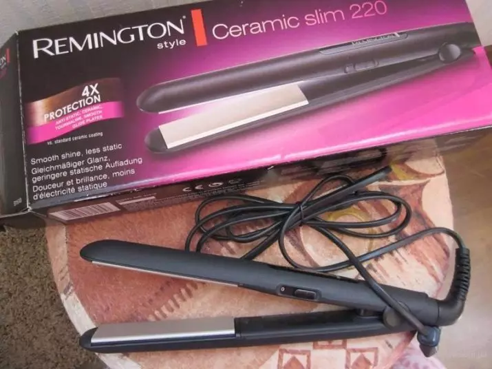 Iron Remington: Fitur penyebaran rambut. Review model kanthi lapisan keramik lan turmaline 6168_22