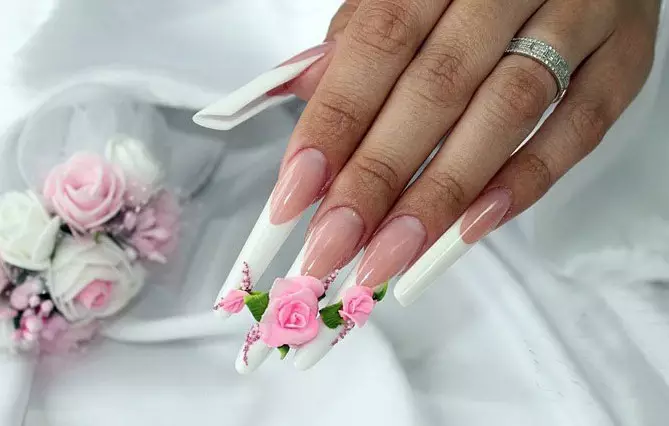 Impresionirajte na nokte (90 fotografija): Dizajn vjenčanog manikura, korak-po-korak modeliranje cvijeća i leptira akril gel 3D na oštrim noktima 6327_23